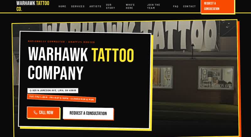 Screenshot of the Warhawk Tattoo Company site we built