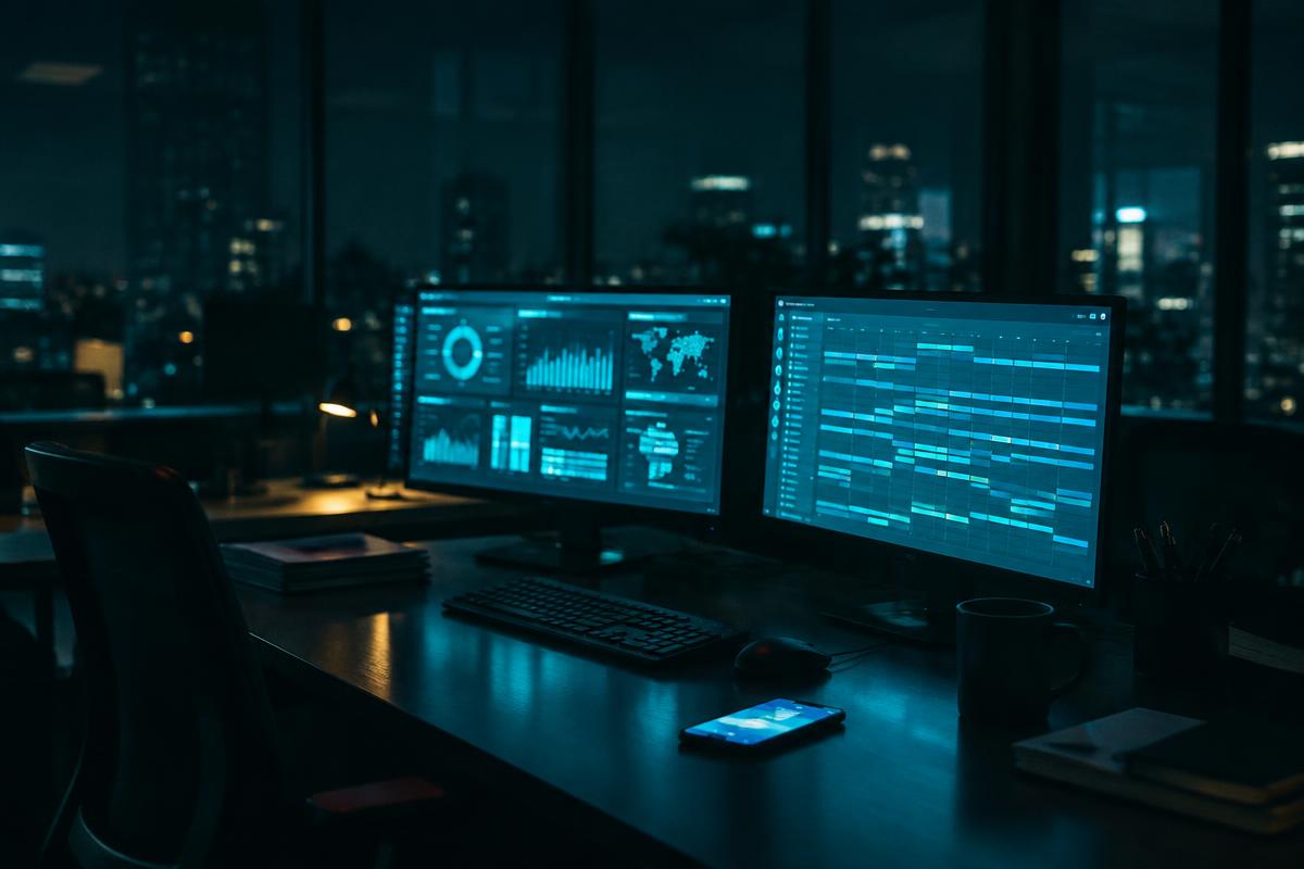 Dark office at night with glowing dispatch and schedule screens