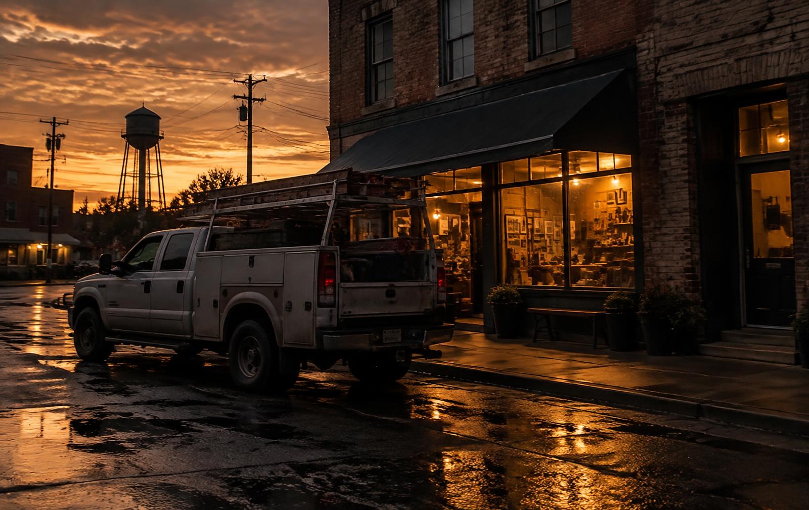 Work truck parked outside a small-town Ohio storefront at dusk