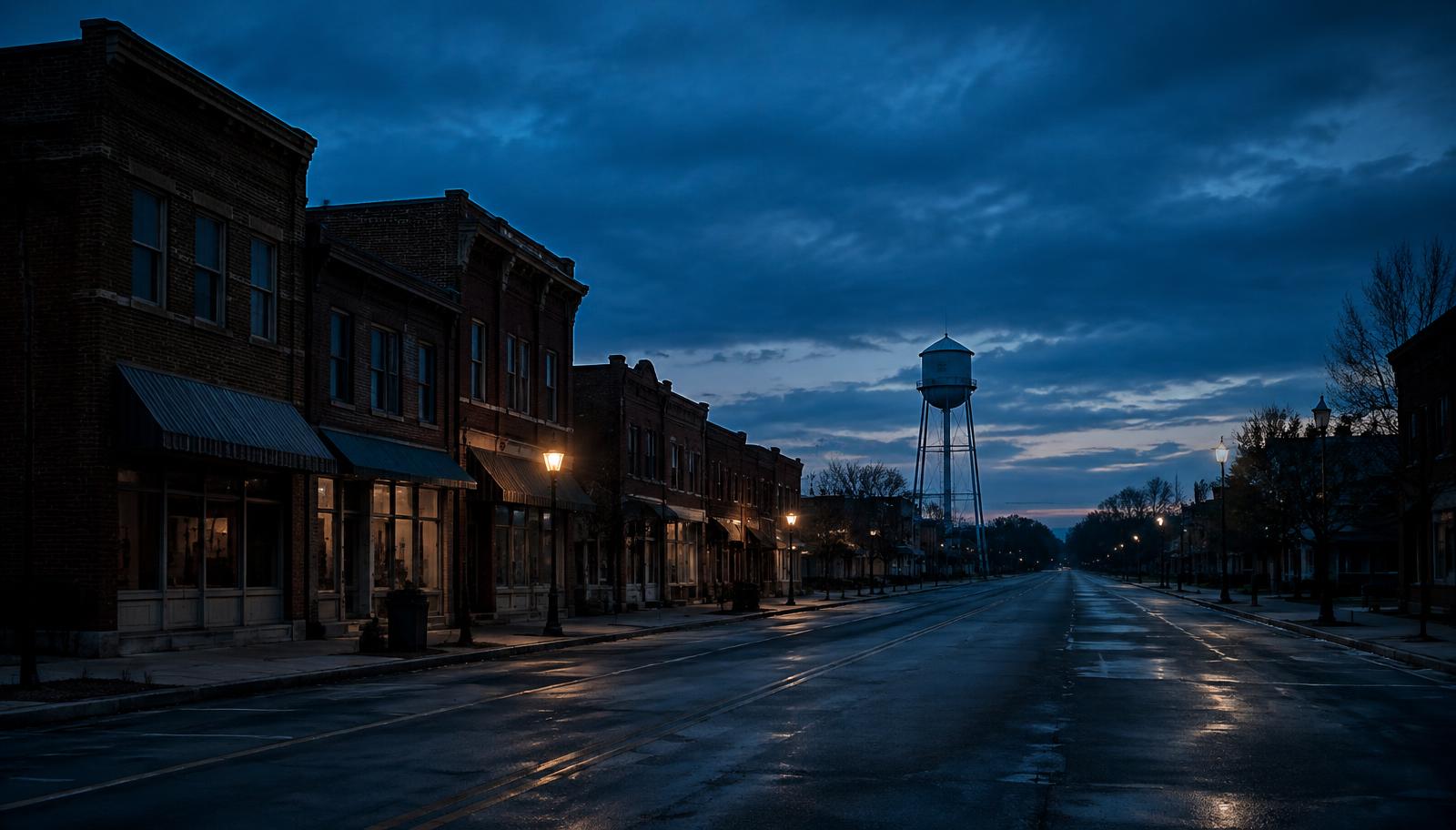 Small-town Ohio main street at blue hour
